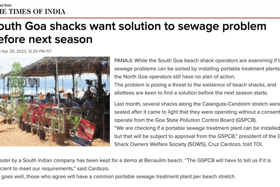 News paper clipping from TOI about South Goa shacks wanting a sewage treatment solution